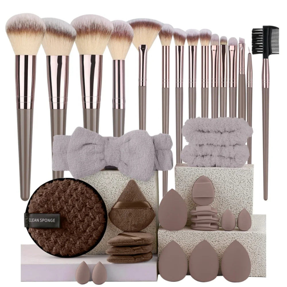 10-20PCS Premium Makeup Brushes Set with Hairband Wrist Rest Silicone Sponge Ball Powder Puff And Cleaning Tool Included Vue 15BR-20BR