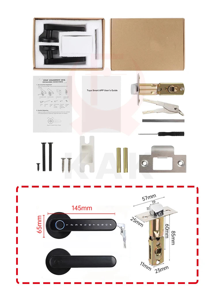 KAK Smart Fingerprint Door Lock Black Biometric Door Lock Password Keyless Entry Door Lock with Handle Security Door Hardware Vue