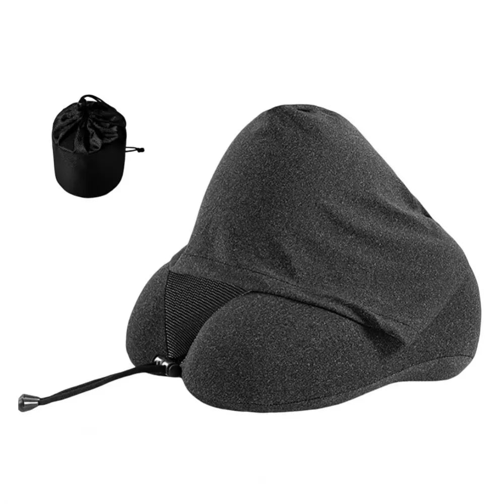 Adjustable Drawstring Hooded Travel Pillow Breathable Washable U-shaped Pillow with Cap Comfortable Soft Support Vue Black
