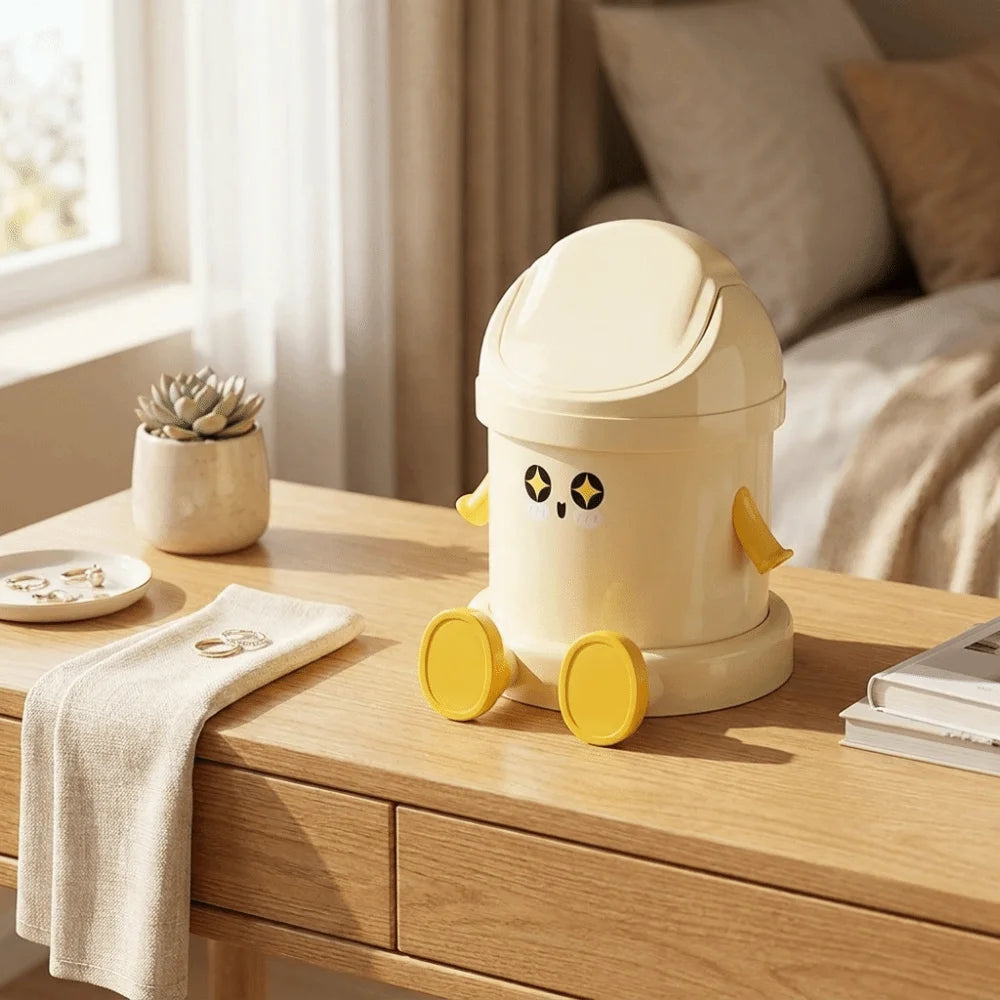 Cute Cartoon Desktop Trash Can Round Large Capacity Garbage Bin with Lid Plastic Storage Bucket Office Vue