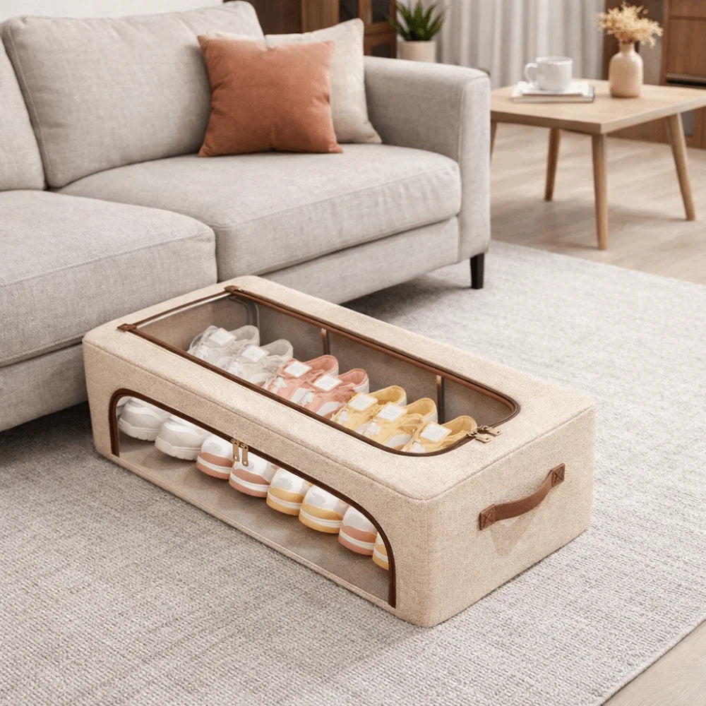 Clear Window Under Bed Shoe Organizer Folding Sturdy Handles Clothes Quilt Storage Box Dust-proof Moisture-proof Shoe Holder Vue
