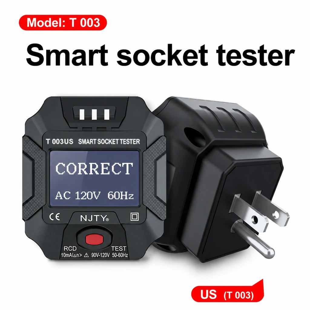 NJTY T003 US Plug Digital LCD Socket Outlet Voltage Tester Wiring Fault Detector RCD Test Polarity Ground Neutral Check 90V-250V Vue T003-US US Plug