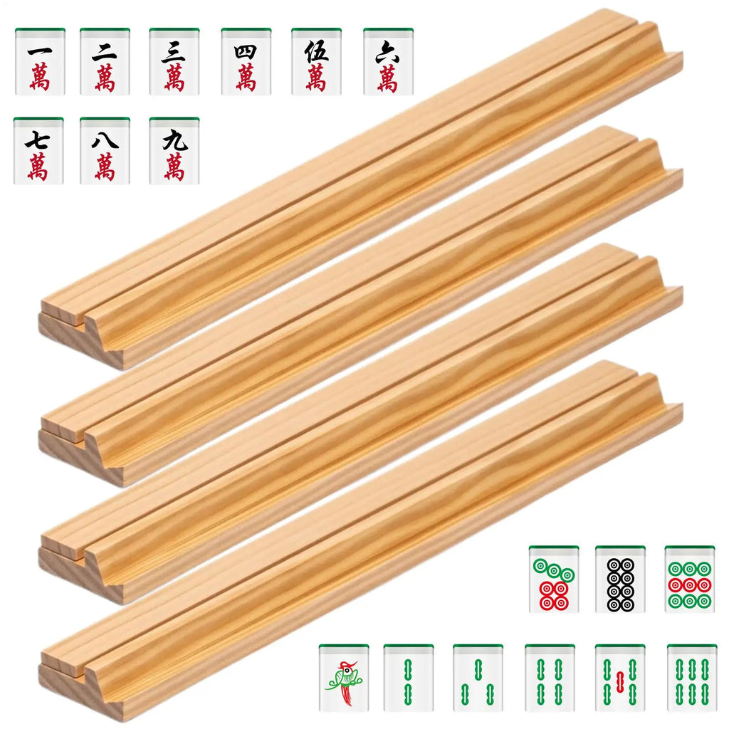 4 Pcs Non-Slip Wooden Mahjong Racks With Pushers, 45CM Durable Tile Holders & Push Tools For Family, Travel & Outdoor Game Fun Vue