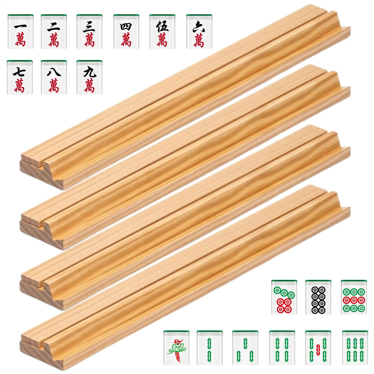 4 Pcs Non-Slip Wooden Mahjong Racks With Pushers, 45CM Durable Tile Holders & Push Tools For Family, Travel & Outdoor Game Fun Vue