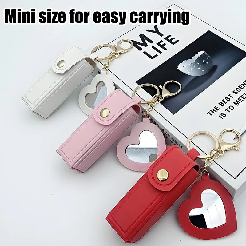 Solid Color Portable Lipstick Bags Wallet Keychain Mini Storage Bag For Women Lipsticks Protective Cover With Mini Makeup Mirror Vue