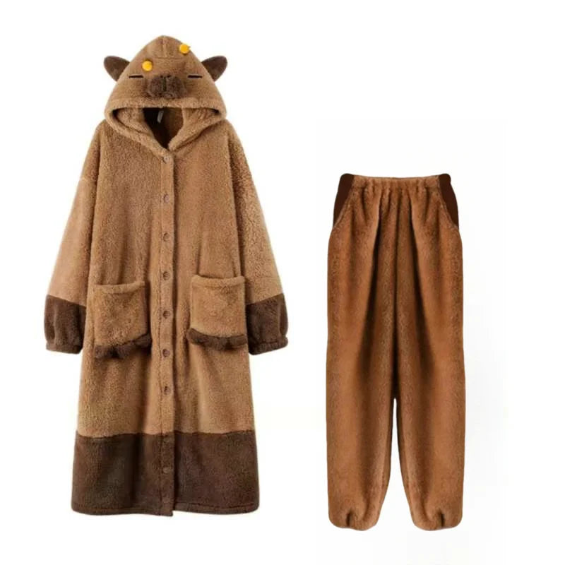 Hot Cute Capybara Winter Pajama Cartoon Animal Soft Plush Jumpsuit For Adults Kawaii Velvet Pajama Night Robe Cosplay Suit Vue Pajamas and pants XL