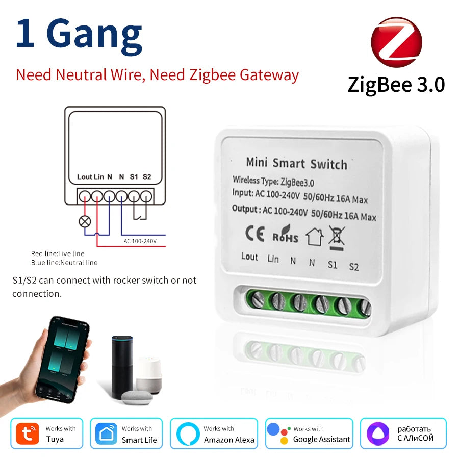 1/2/3 Gang Tuya Smart Light Switch Module Zigbee 3.0 Smart Life for Alexa Google Home Yandex DIY Remote Breaker Delay 100-240V Vue Tuya Zigbee 1 Gang