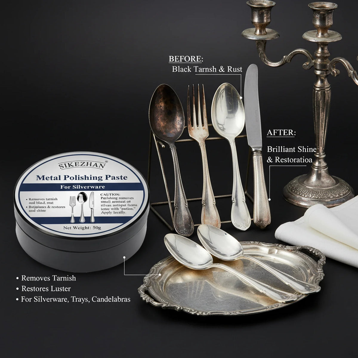 Silver Polish Paste - Tarnish Remover for Sterling & Silver-Plated Cutlery, Trays & Candlesticks - Non-Scratch, High-Gloss Sheen Vue