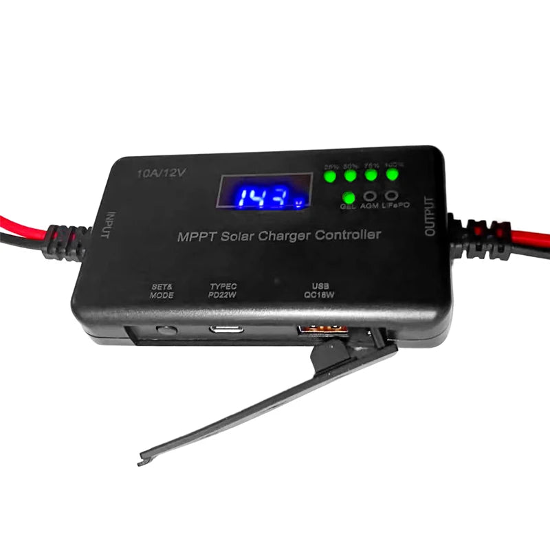 MPPT Solar Charge Controller 10A 12V, Solar Panel Controller Featuring Type-C Input, USB Output For Lifepo Battery Vue