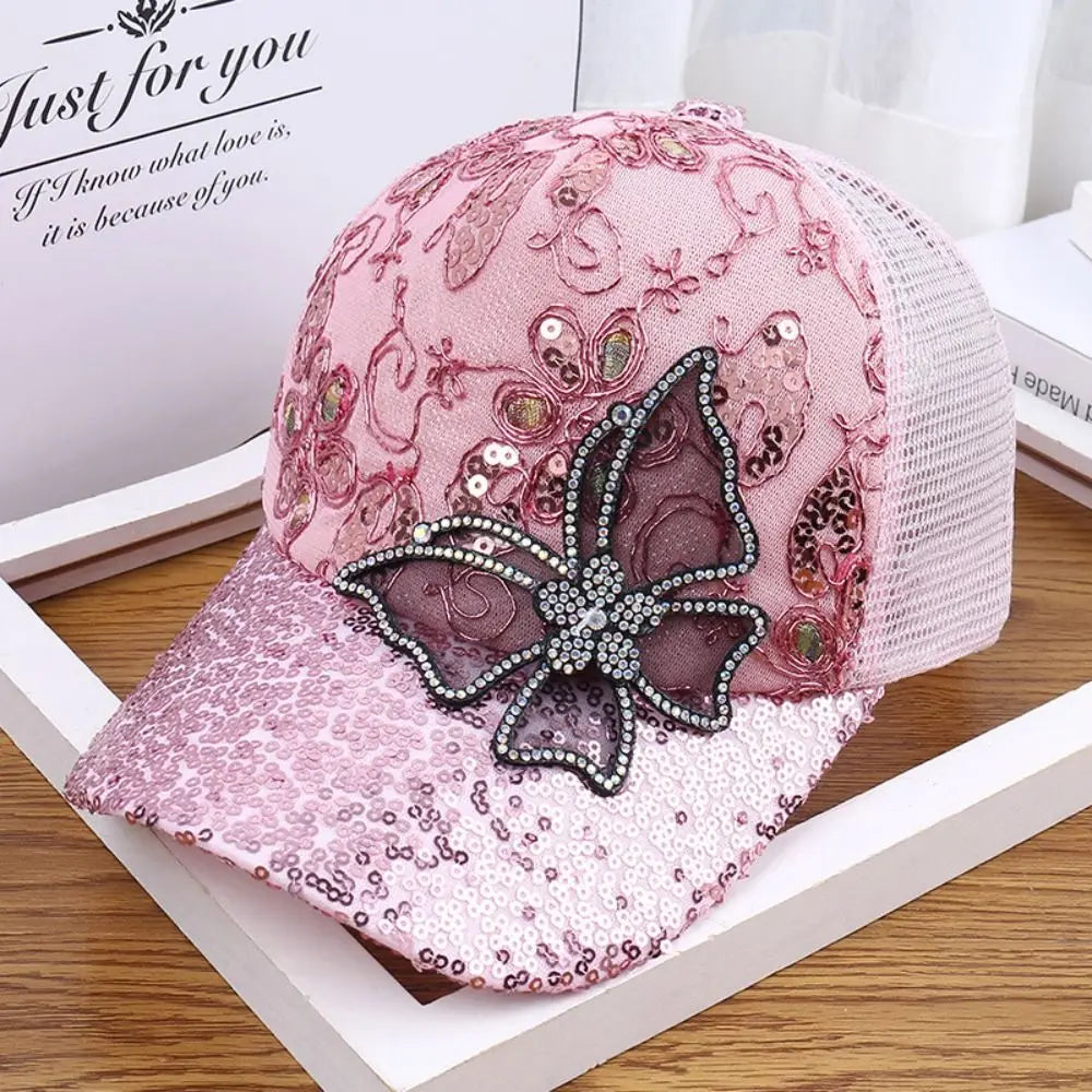 Trendy Mesh Women's Baseball Cap Black Rhinestone Butterfly Decor Sun
