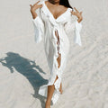 Fashion V Neck Summer Beach Cover Up Ruffled Loose Bikini Sunscreen Vue White L