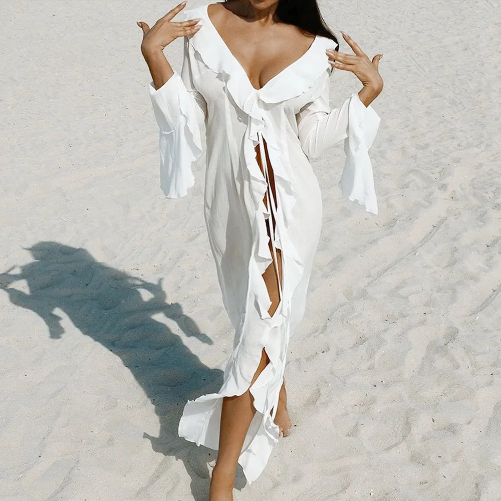 Fashion V Neck Summer Beach Cover Up Ruffled Loose Bikini Sunscreen Vue White L