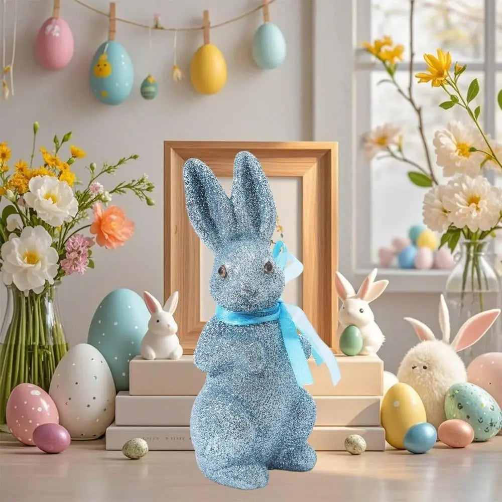 Creative Simulated Easter Bunny Figurine Cute Colorful Foam Rabbit Figures Decorative with Ribbon Glitter Bunny Figurine Garden Vue