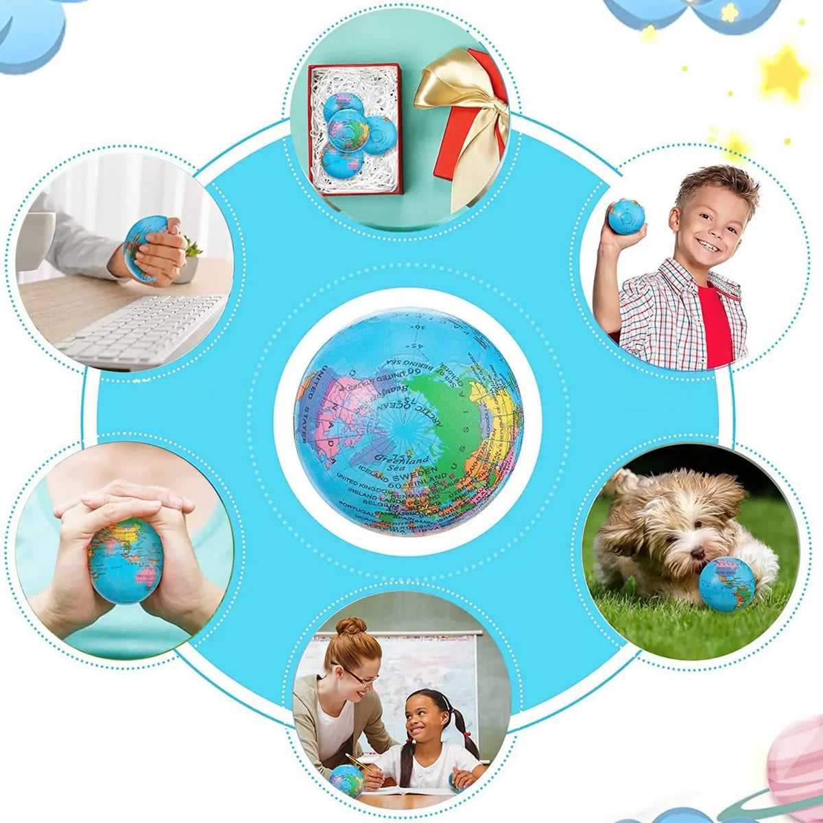 Soft Earth Globe Stress Relief Squeeze Ball Elastic Hand Training Stretch Toy Mini Portable Relaxing Fidget Toy For Kids Adults Vue