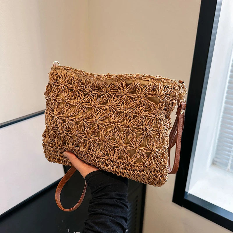 Summer Beach Women Straw Rattan Weave Shoulder Crossbody Bag Hollow Vue khaki
