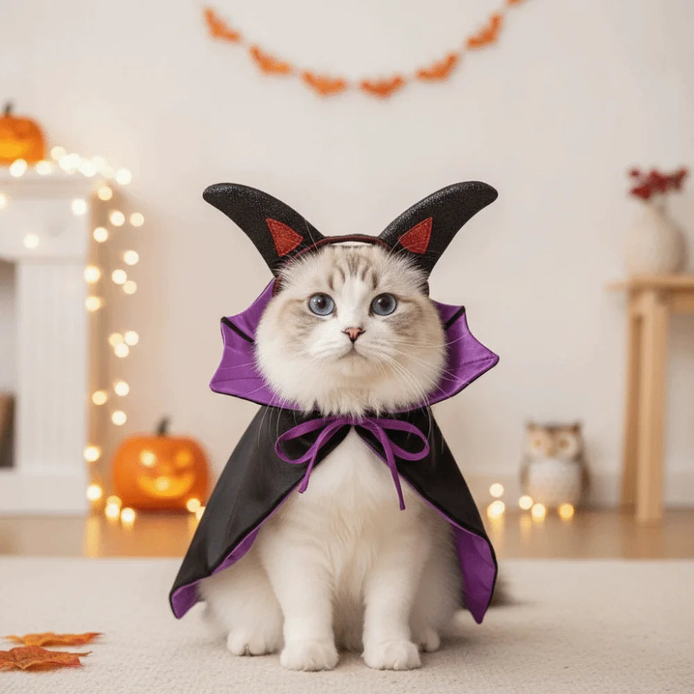Stand Collar Pet Bat Costume Horns with Ear Holes Dog Purple Cloak Soft Satin Fabric Lightweight Cat Gothic Headband Vue