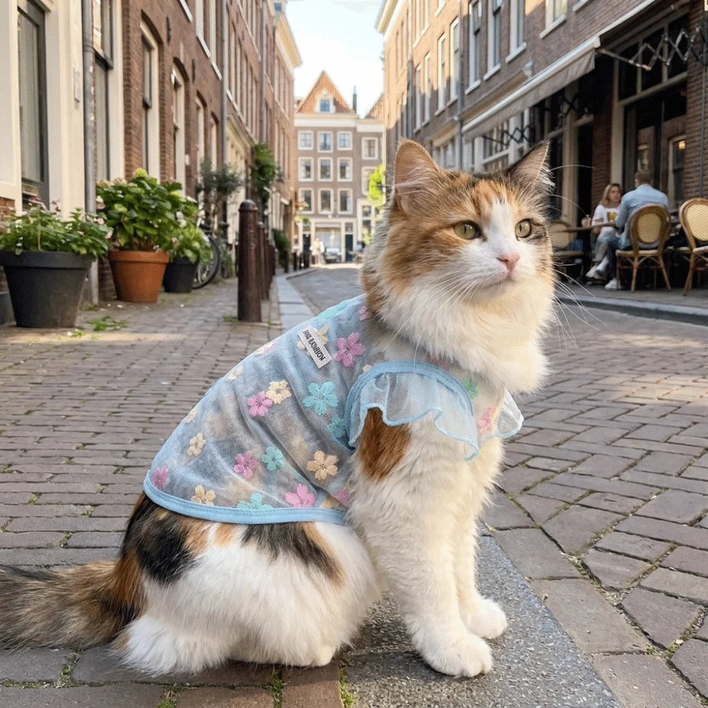 Thin Breathable Cooling Dog Vest Flying Sleeves Sunproof Cat Mesh T Shirt Lightweight Floral Print Dog Sunscreen Clothing Summer Vue