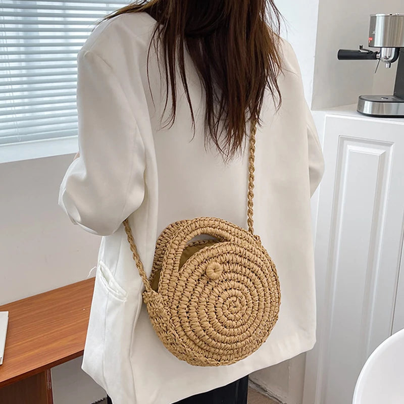 Round Straw Crossbody Bag Handmade Woven Shoulder Women Summer Beach
