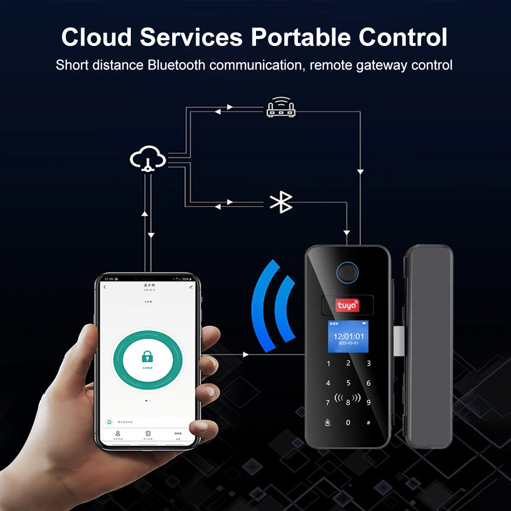 Double Hook Smart Glass Door Lock Glass Sliding Door Tuya App Biometric Fingerprint Lock Bluetooth IC Card Electronic Digital Vue