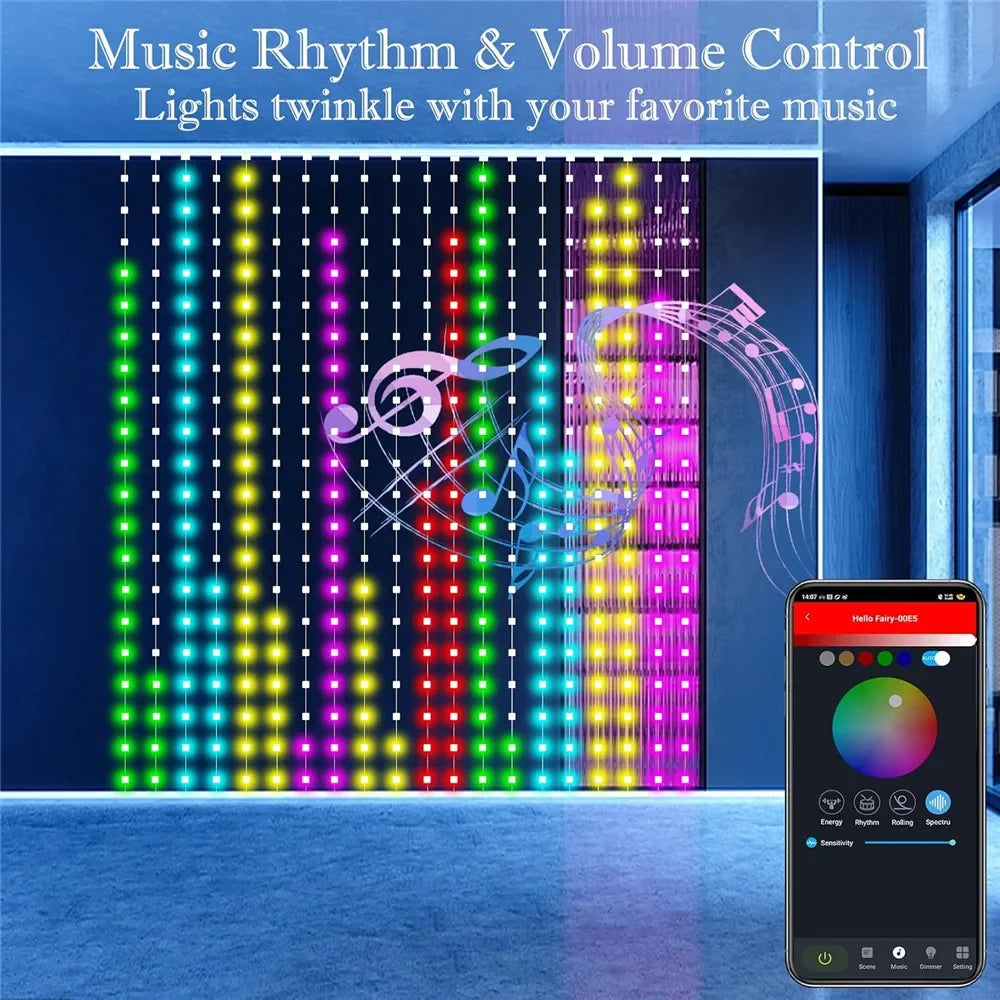 256-800 LED RGB Smart Curtain Lights with Music,App Controls and Remote,LED Party Lights for Wedding/Valentine's Day/Birthday Vue