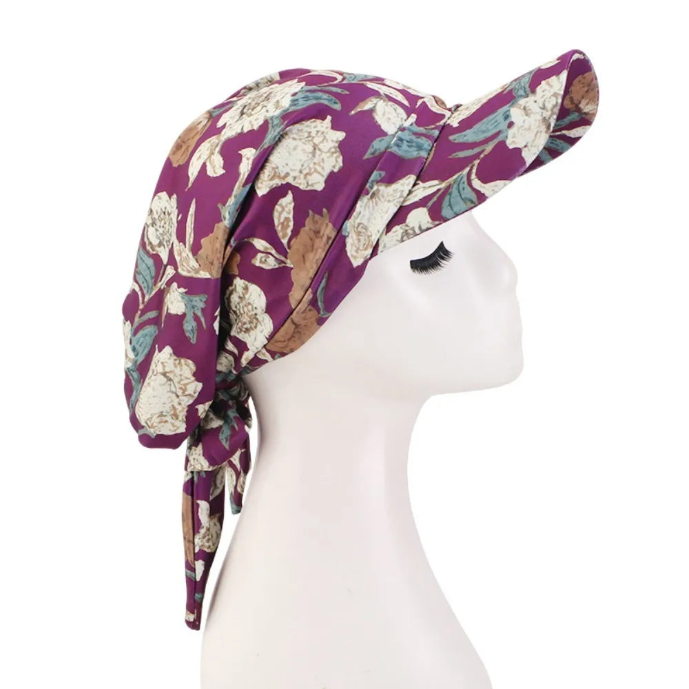 Floral Print Strapped Baseball Cap Brim Wrap Hair Summer Headscarf