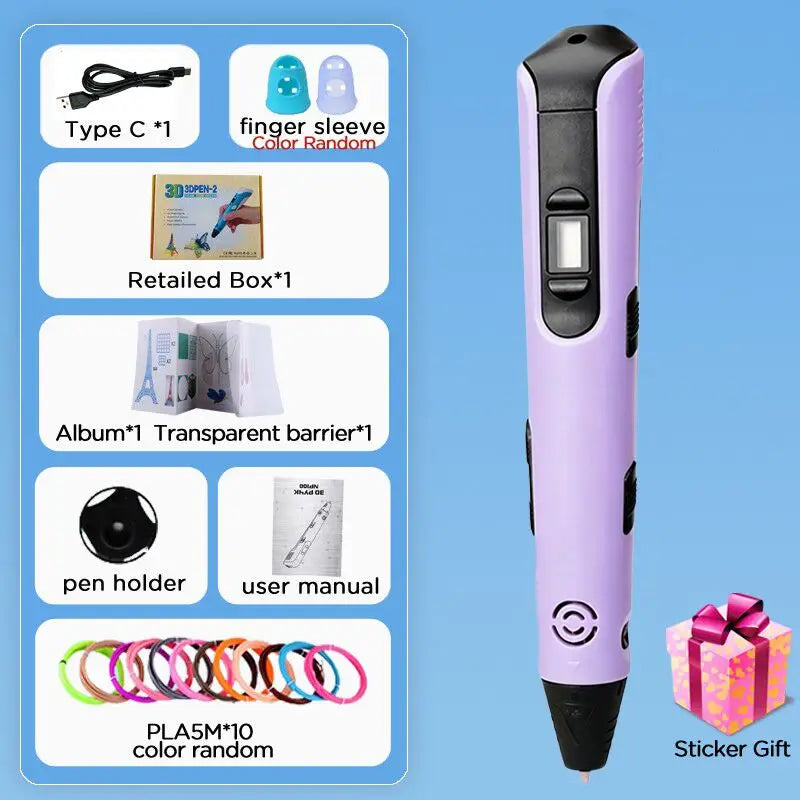 3D Pen Kids 40 Colors 1.75mm PLA Children 3D Printing Pen 0.7mm Diameter Material DIY Drawing Pen Boy Girl Birthday Gifts Vue Purple-50PLA