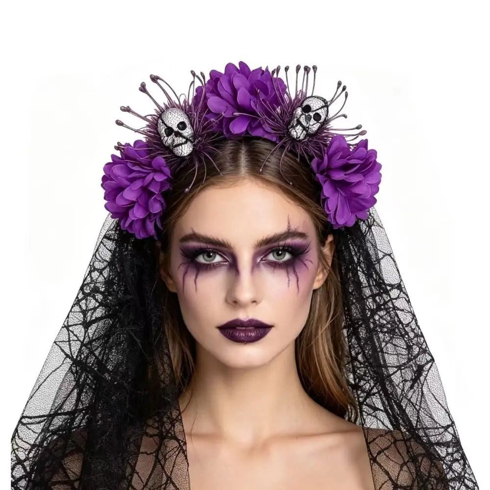 Lace Veil Skull Headband Dark Purple Sheer Mesh Ghost Bride Headwear Skull Shaped Artificial Flowers Floral Veil Headband Vue