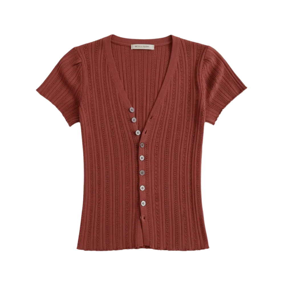 Fashion Solid Ice Silk Knitted Cardigan V-neck Hollow Short Sleeves Vue Red One Size