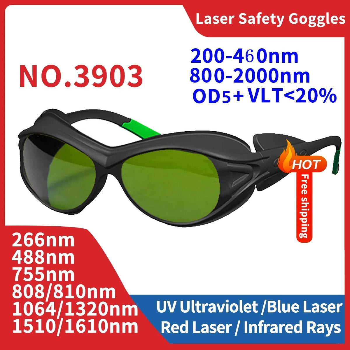 Laser Goggles All Wavelength 200-2000nm Safety Glasses for Dental Hair Removal Radiation Protection Protective Industrial IR IPL Vue 39-03