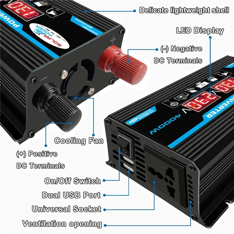 4000W Car Power Inverter 12V to 220V | LED Display & Dual USB Car Power Inverter Vue