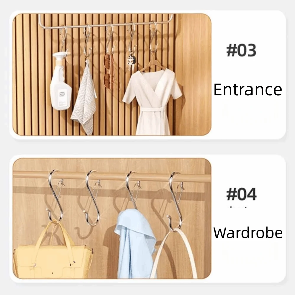 10Pcs S-Shape Balcony Clothes Hanger Windproof Stainless Steel Kitchen Pot Rack Hooks Polished Safety Buckle Vue