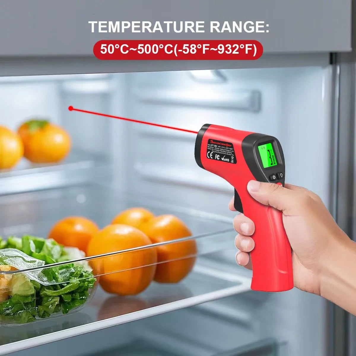 DT500 Infrared Thermometer Gun -50~550°C Non-contact Laser with 12:1 D:S, Adjustable Emissivity & LCD Backlit and Laser Aiming Vue