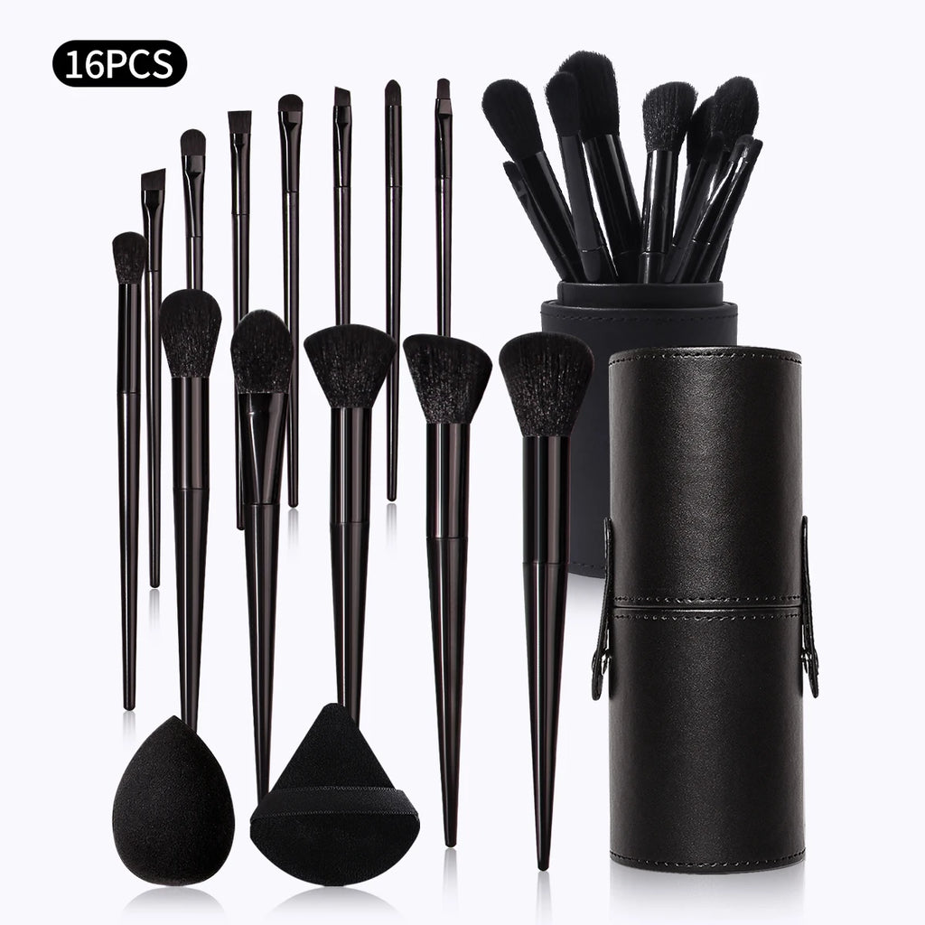 16Pcs Black Makeup Brush Kit with Storage Holder & Powder Puffs, Soft Fluffy Brushes Premium Black Synthetic Brushes for Full F Vue black