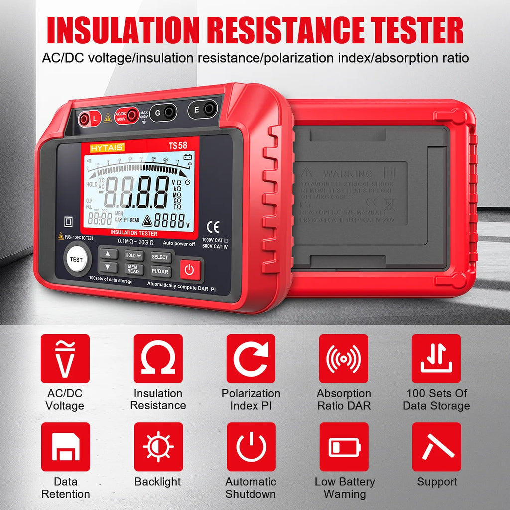 HYTAIS TS58 Digital Megohmmeter Professional Insulation Resistance Tester 1000V 20GΩ AC/DC Voltage Tester Data Storage with Bag Vue