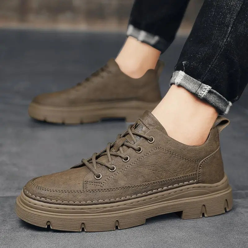 Men's Retro Low Top PU Leather Work Boots – Lace-Up Casual Men's Casual Boots Vue
