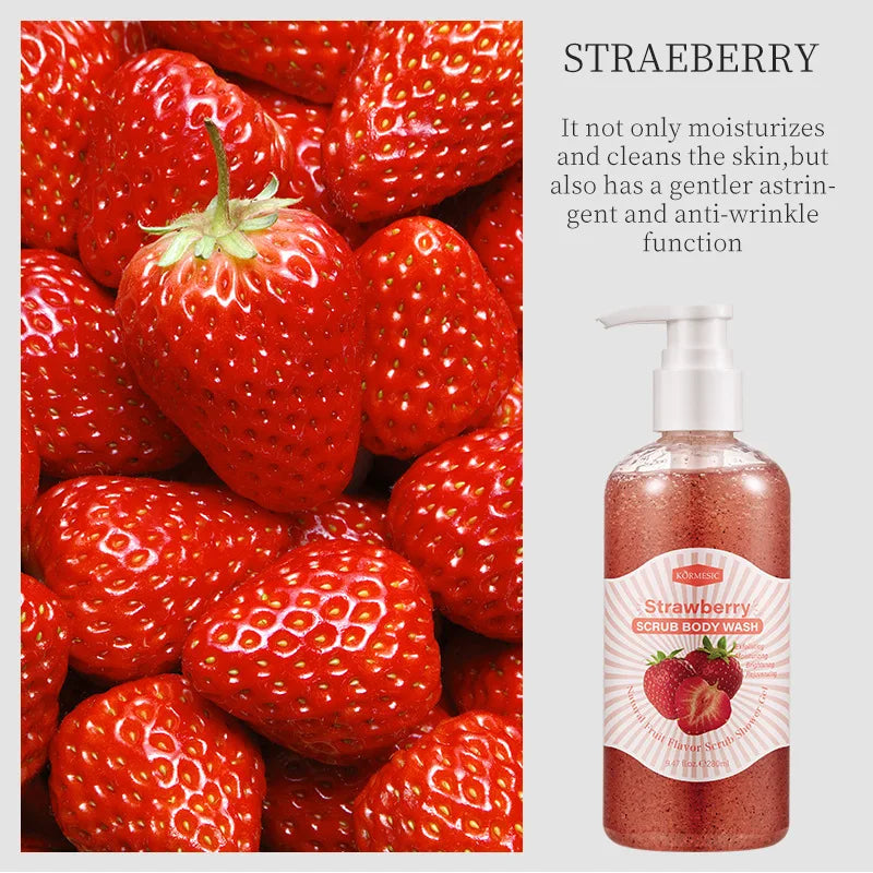 280ml Deep Exfoliating, Cleansing, and Moisturizing Skin Scrub Shower Gel, Deeply Cleanses the Body and Gently Removes Dead Skin Cells Vue Strawberry Moisturizing 280ml