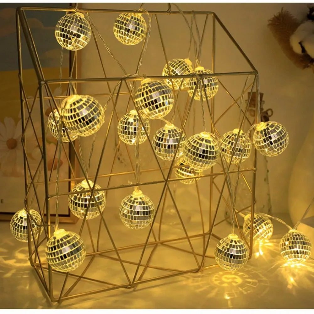 1PC 1.5M10LED Mirror Ball String Lights - Battery-Powered, for Bar Parties, Disco Holiday Ambiance Halloween Chrismas Decor Vue