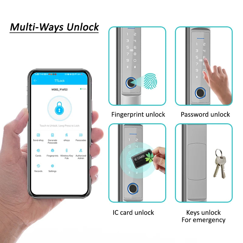 WiFi Smart Narrow Side Fingerprint Coded Door Lock Remote Control Waterproof Short Handle for Slim Thin Frame Glass Sliding Vue