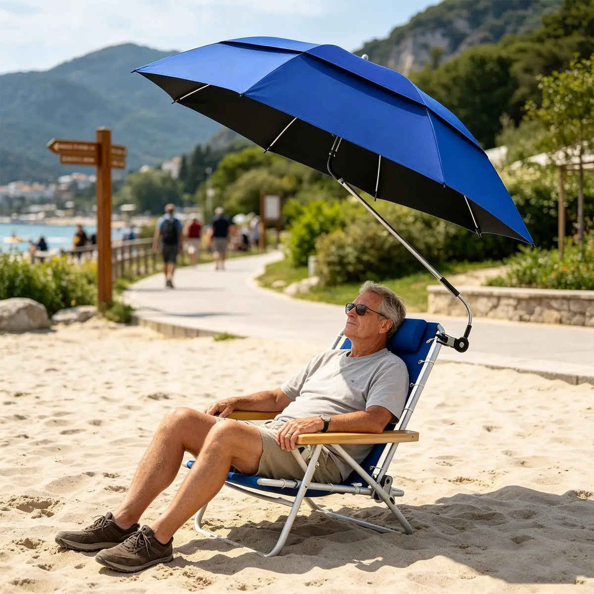 106cm UPF 50 Clip On Chair Umbrella, Double Canopy Beach Parasol with UV Protection, Portable Sun Shade for Travel Camping Patio Vue