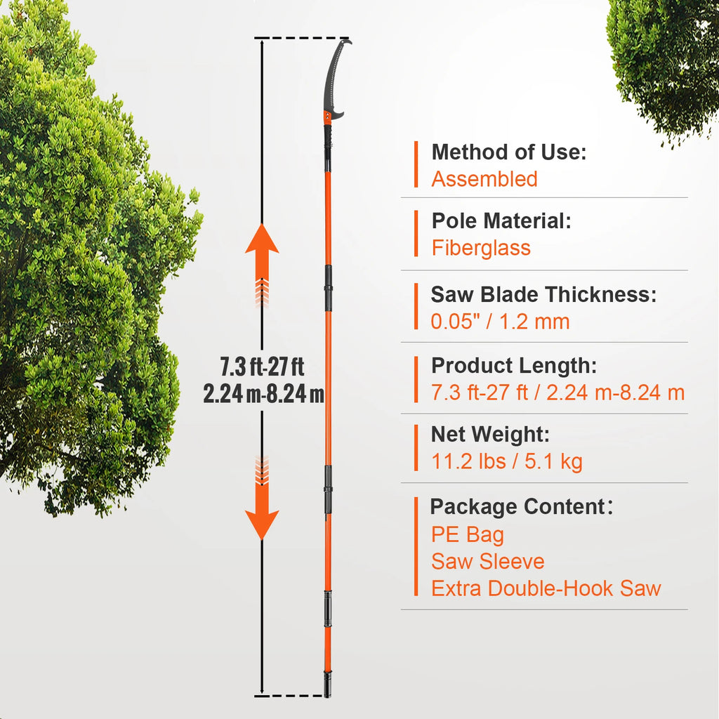 Extendable Manual Pole Saw 27 ft – 8-Pole Tree Pruner Extendable Pole Saw Vue 8m Double Hooks Germany
