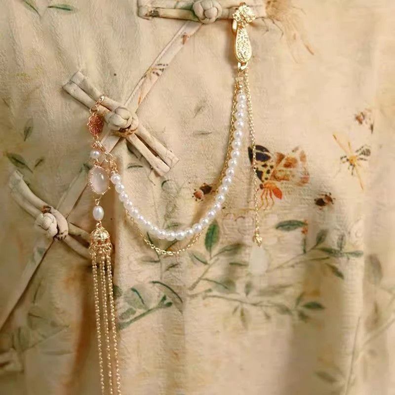 1PCS Women Hanfu Imitation Pearl Brooch Fashion Jewelry Long Hanging Tassel Cheongsam Accessories Alloy Cheongsam Pressed Lapel Vue