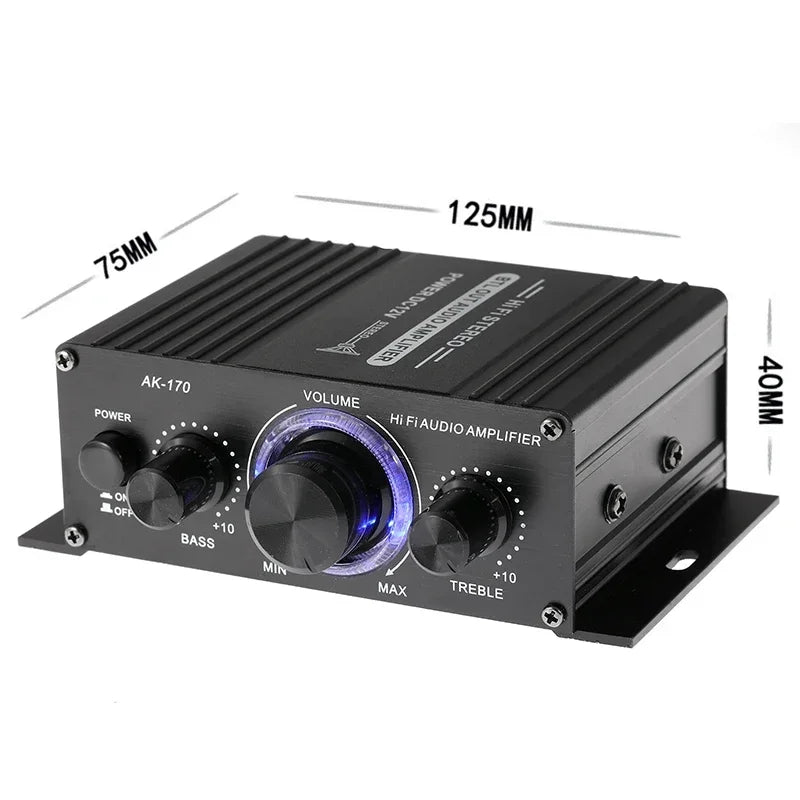 AK170 Mini Digital Power Audio Car Amplifier Blue Light Stereo Audio Amplifier for Home Theater Club Party Music 200Wx2 Power Vue