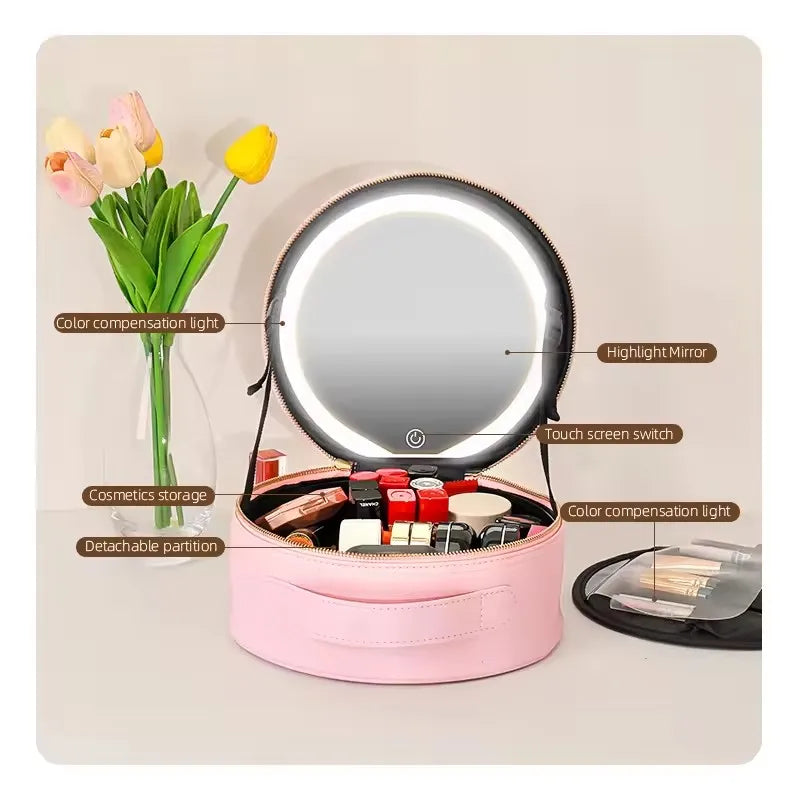 Travel PU Makeup Bag With Led Mirror Portable Cosmetic Case With Mirror And Light Travel Rechargeable Makeup Bag With Led Light Vue
