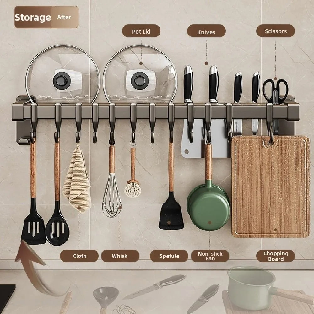 Aluminum Kitchen Organizer Hook Double Pole Non Punching Pot Lid Rack Movable Hook Wall Mounted Kitchen Utensil Organizer Vue