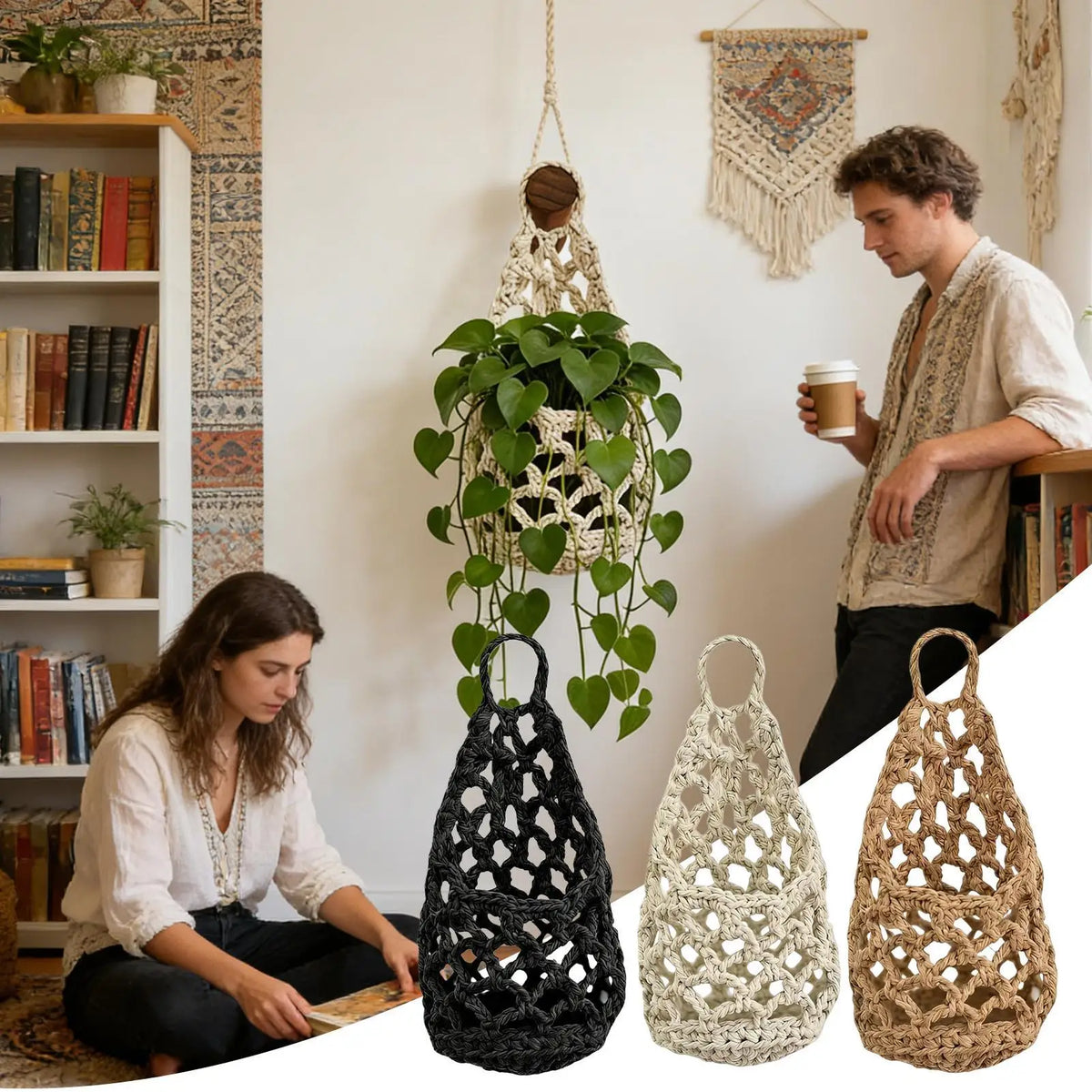 32x16cm Cotton Rope Indoor Plant Hanger, Macrame Planter Holder for Home Living Room Balcony Decor, Hanging Flower Pot Stand Vue