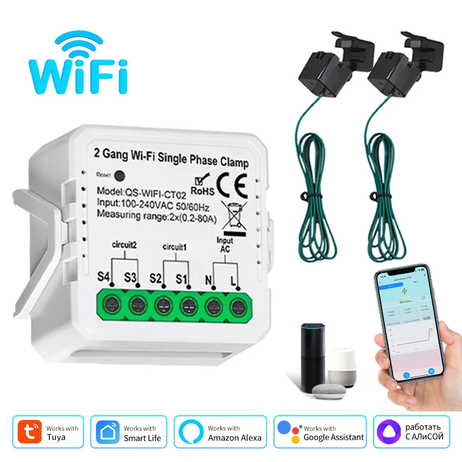 Tuya Smart Wifi Energy Meter Current Sensor Statistician for Solar PV System Home Power Monitor 110-240V 80A Single Phase Clamp Vue Single Fhase 2 Gang