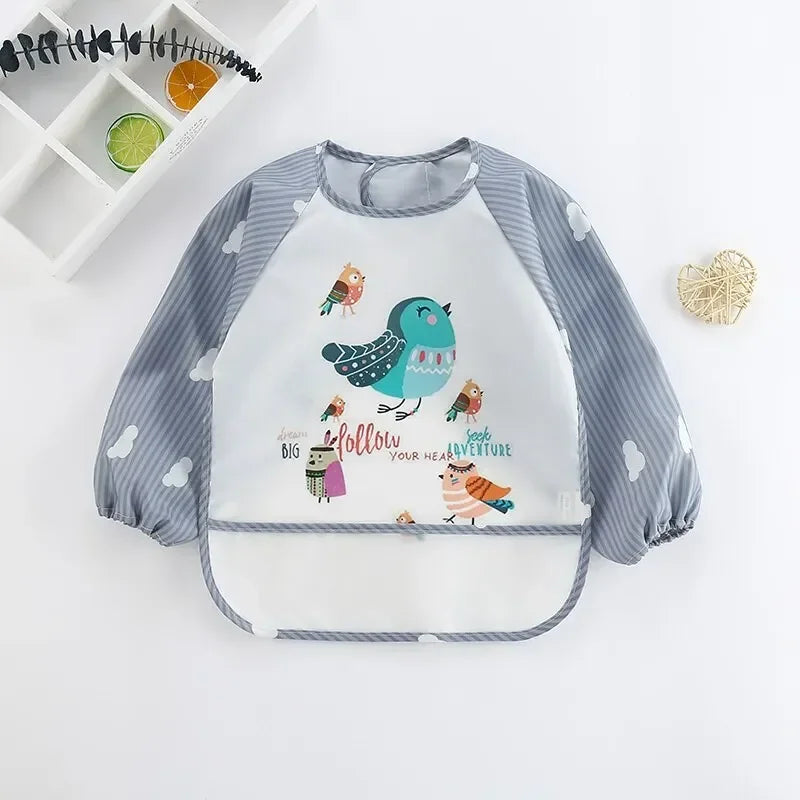 Baby Cartoon Burp Clothes Toddler Long Sleeve Art Apron 1Pcs Waterproof Eating Smock Infant Animal Smock Soft Baby Bib Vue B31 Colorful Birds 0-3Years old