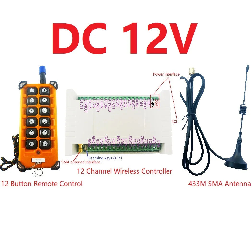 12 Key 12V/24V 433MHz+20dBm FSK Industrial grade Rolling Code Remote Control 12Ch-121dBm 8MA Wireless Controller Relay Kit Vue 12V
