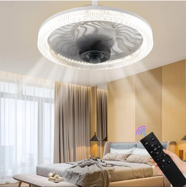 Smart Remote Control Ceiling Fan with LED Lighting Ceiling Fan with Lights Remote Control E27 Converter Base for Living Room Vue WHITE