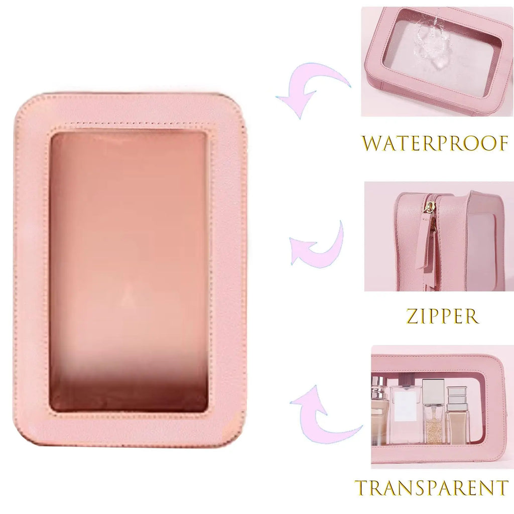 Clear and Waterproof Makeup Bag Portable Travel Cosmetic Case Organizer for Women Toiletry Pouch with Transparent Vinyl Windows Vue